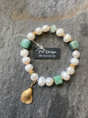 JW Designs White Pearl & Green Stone Bracelet with Gold Teardrop Charm